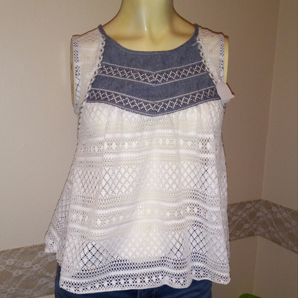 Miss Me crochet knit lace denim blouse top